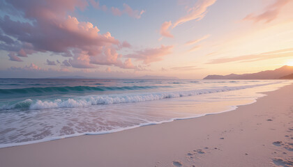 Obraz premium serene beach scene at sunset, featuring gentle waves lapping at shore, soft pastel colors in sky, and tranquil atmosphere that evokes sense of peace and relaxation