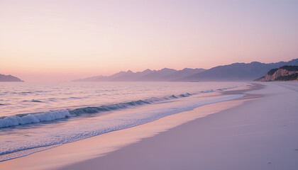 serene beach scene dawn, featuring gentle waves lapping against smooth sandy shore. soft pastel colors of sky reflect water, creating tranquil atmosphere. distant mountains add depth to landscape