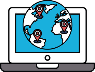 A laptop screen shows a globe with three pins on it