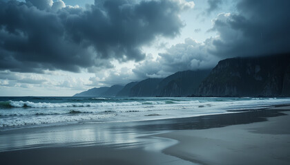 serene beach scene featuring dark clouds looming over ocean, with gentle waves lapping at shore. dramatic landscape includes mountains in background, creating moody atmosphere