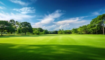 lush lawn with blurred trees and blue sky