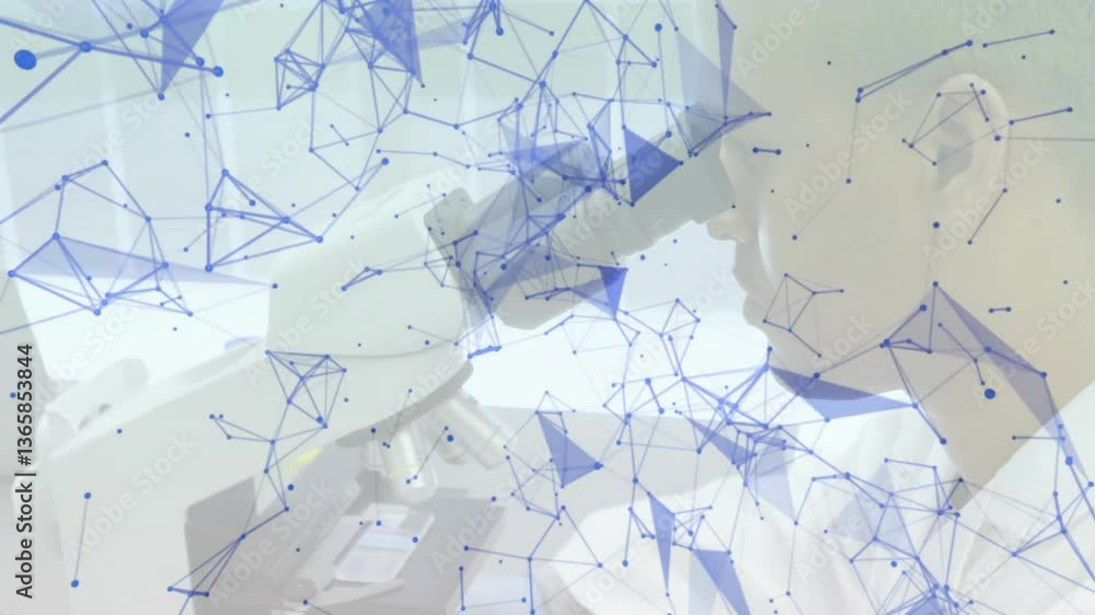 Poster using microscope, scientist analyzing with blue network connections overlay in lab