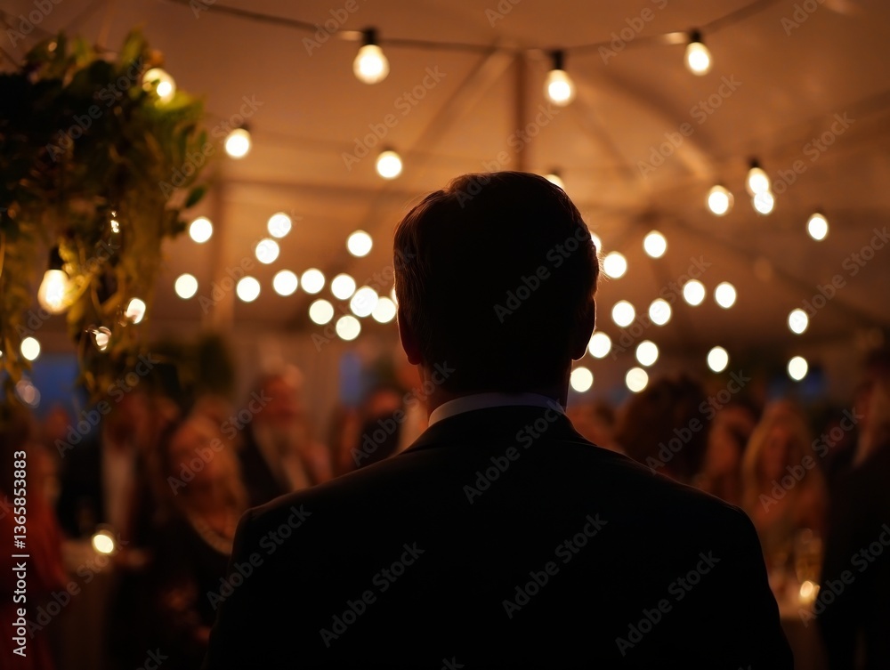 Aufkleber a man in a suit stands in the foreground with his back to the camera, while an out-of-focus crowd of