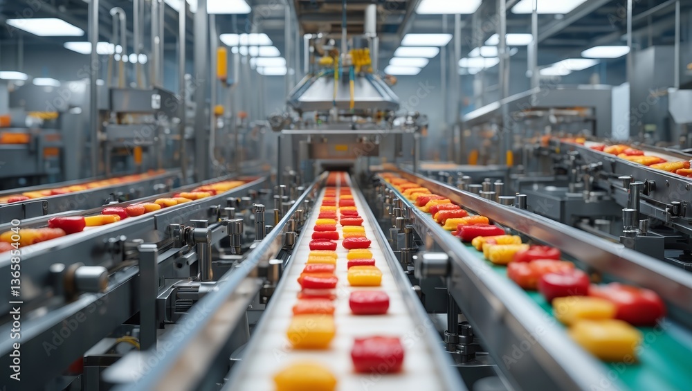 Aufkleber a factory production line with conveyor belts moving various colored objects, likely plastic contain