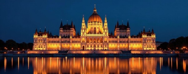 Naklejka premium Palace facade shimmering with reflected lights at night, lights, night photography, view