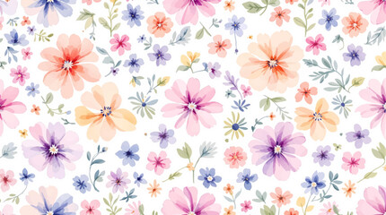 Fototapeta premium Watercolor floral seamless pattern with hand-painted blush pink flowers and green leaves on white background. Botanical print.