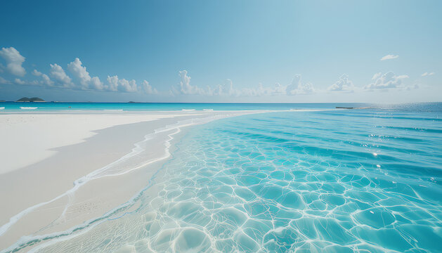 serene beach scene featuring crystal clear turquoise waters gently lapping against soft white sand under bright blue sky. tranquil atmosphere evokes sense of peace and relaxation