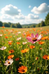 Obraz premium Red checkered cloth, wildflowers, sunny meadow, blanket, wildflowers