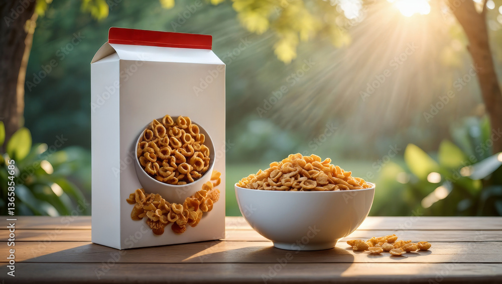 Poster a white box with a label on a wooden table. the box contains a bowl of peanuts, and the scene is set
