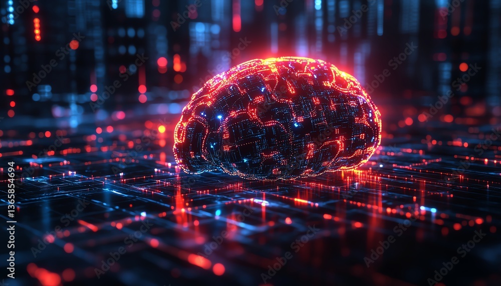 Aufkleber digital brain with ai neural networks, glowing technological elements, hightech background with holo