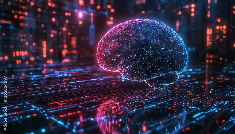 Aufkleber digital brain with ai neural networks, glowing technological elements, hightech background with holo