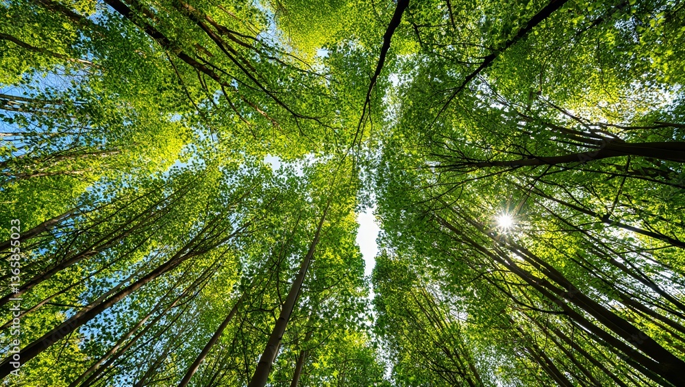 Poster a forest with tall trees, viewed from below, creating a canopy of green leaves. the perspective look