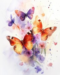 Watercolor art of colorful butterflies surrounded by delicate flowers and soft hues in a serene composition