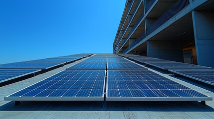 Solar Panels on Rooftop with Clear Blue Sky Above in Urban Setting during Bright Sunny Day