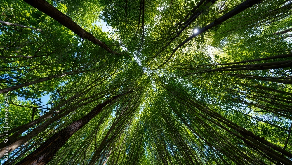 Poster a forest with tall trees, viewed from below, creating a canopy of green leaves. the perspective look