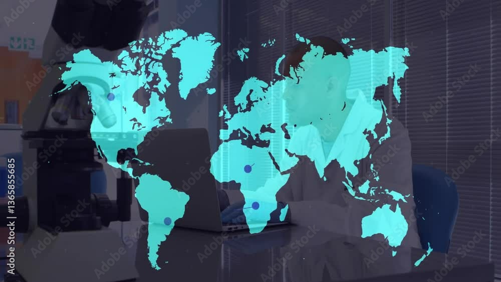 Poster world map with data points animation over scientist working in laboratory