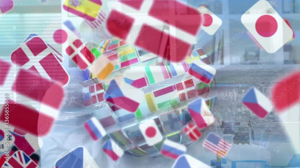 Poster animation of flags forming globe over digital background in school setting