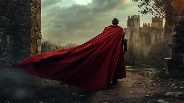 A man in a red robe walks through a castle. Smooth repeating motion for background video animation.