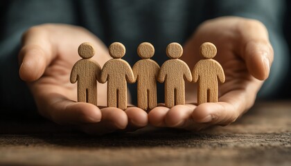 Hands gently cradling a row of miniature human figures, symbolizing care, support, and nurturing leadership in HR and community engagement, soft lighting, soft focus