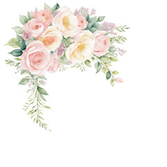 Fresh and delicate watercolor floral wreath featuring pale pink roses and greenery. Watercolor roses in pink and yellow tones, ideal for romantic, vintage-style invitations.