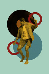 Sketch image artwork composite 3D photo collage of young man smile dance vinyl record party rest...