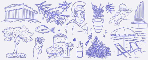 Naklejka premium Greek coastal summer vacation doodle style illustration set. Ink line hand drawn Greece coast sea, architecture, ancient sights and statues. Sea weekend rest line art for invitations, cards, wedding.