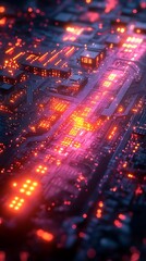 Obraz premium Aerial View of Glowing Circuit Board with Orange and Purple Lights