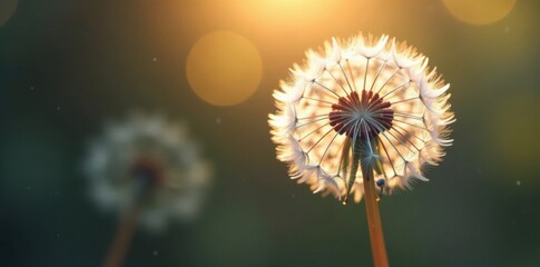 Pair of dandelion seeds floating gently through the air, seeds, bloom