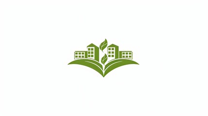 Fototapeta premium green building company logo with buildings and leaves