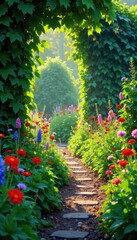 Overgrown garden path with wildflowers and vines , wildflowers, overgrown