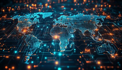 Fototapeta premium Highresolution digital world map with futuristic data visualization, glowing circuits, dynamic data connections, global tech network, modern interface design