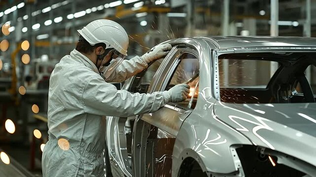 Worker painting car parts in an auto assembly line