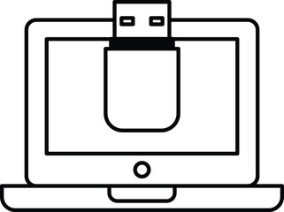 A black and white image of a laptop with a USB drive in it