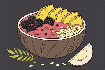54 Vibrant smoothie bowl, coconut shell bowl, colorful fruit slices, mango, strawberries, blackberries, chia seeds, granola, acai base, dark moody background, food photography, high contrast, macro de