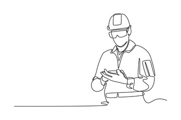 technician engineer standing and checking process on tablet. Technology in services concept. Single line draw design. Vector graphic illustration