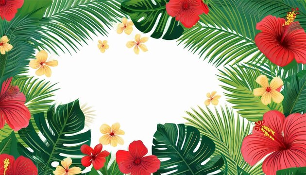 tropical frame with hibiscus flowers and exotic leaves jungle foliage border summer floral background palm leaves and hibiscus blossoms hawaiian luau party invitation botanical design nature
