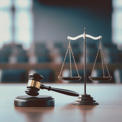 3D rendered illustration of scales and gavel on wooden table in courtroom setting, symbolizing justice and law. scene conveys sense of authority and fairness