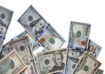 Cash US hundred dollar bills isolated on transparent background for money and financial concept.