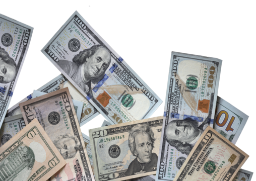 Cash US hundred dollar bills isolated on transparent background for money and financial concept.