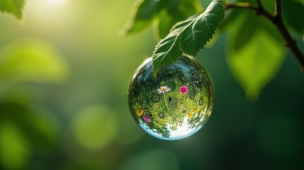 Microscopic Water Droplet Ecosystem. The background is a soft bokeh of green foliage