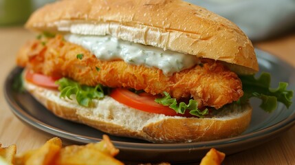 Hot and crispy fish fillet sandwich with tartar sauce
