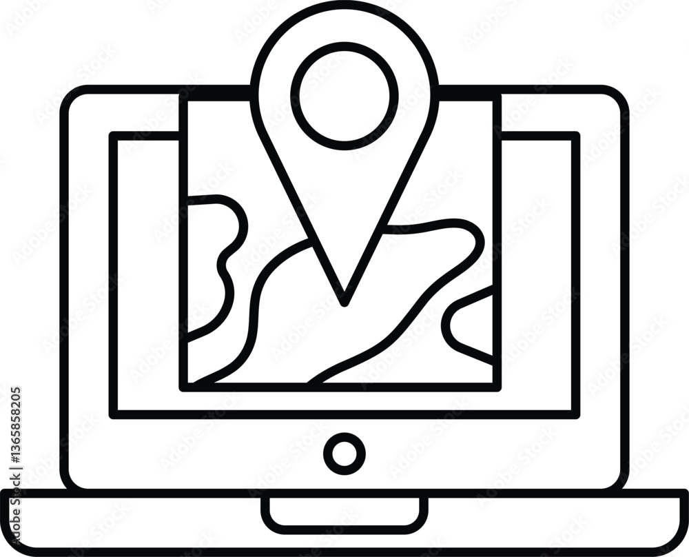 Poster a laptop screen with a map on it and a pin pointing to a location