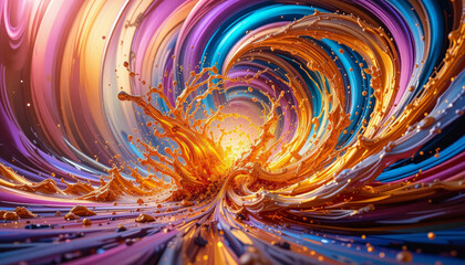 vibrant swirl of colors creates dynamic scene, with splashes of orange and gold resembling wave of energy. fluid motion evokes sense of excitement and creativity