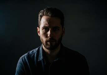 Obraz premium Intense portrait of a man with a serious expression in low light