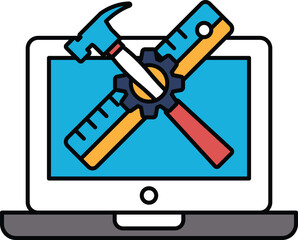 A laptop screen with a hammer and a ruler on it