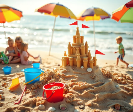 Children delight in building a grand sandcastle on a sunlit beach during a perfect summer afternoon