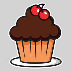 Muffin set, simple illustration. Collection of cakes with different flavors, with handmade cherries. patterin