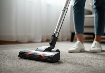 Person using a vacuum cleaner on a carpeted floor for effective cleaning