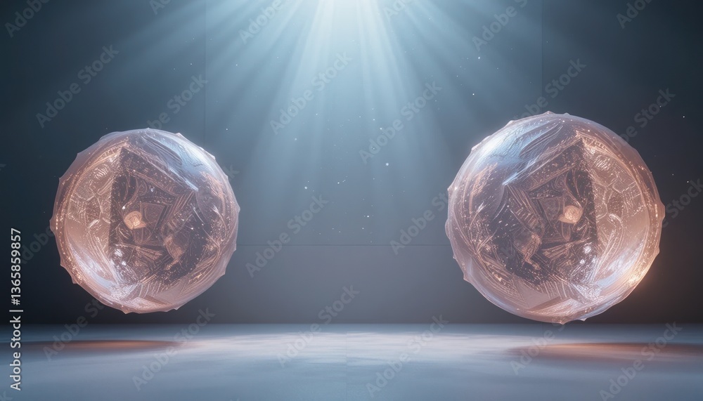 Poster dynamic interaction of translucent spheres in a high-tech environment digital art showcase futuristi