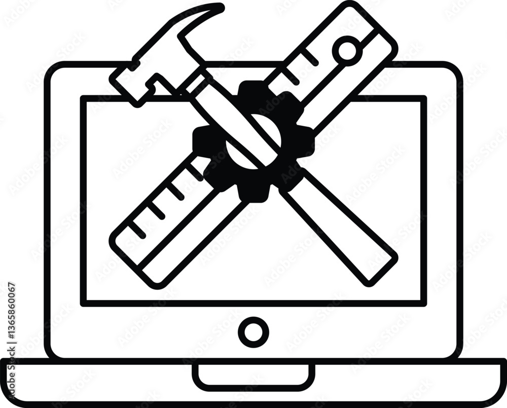 Poster a black and white image of a laptop with a hammer and a ruler on it